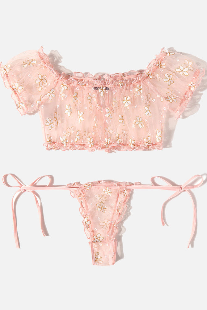 Pink floral mesh ruffle lingerie set. Off-shoulder top and tie-side bottoms. Sexy Avidlove lingerie.