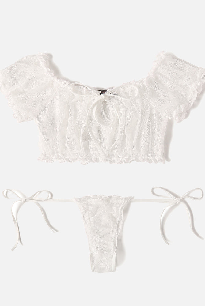 White floral mesh lingerie set, off-shoulder top and tie-side thong. Sexy Avidlove lingerie