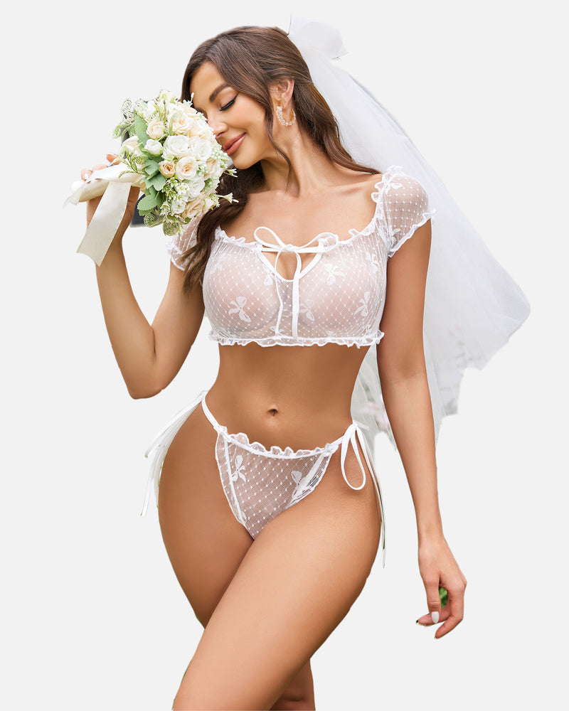White mesh ruffle bridal lingerie set by Avidlove. Features off-shoulder design and tie sides.