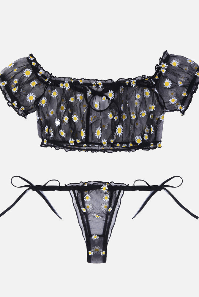 Mesh bra and panty set, black off-shoulder ruffle top and thong with bow ties