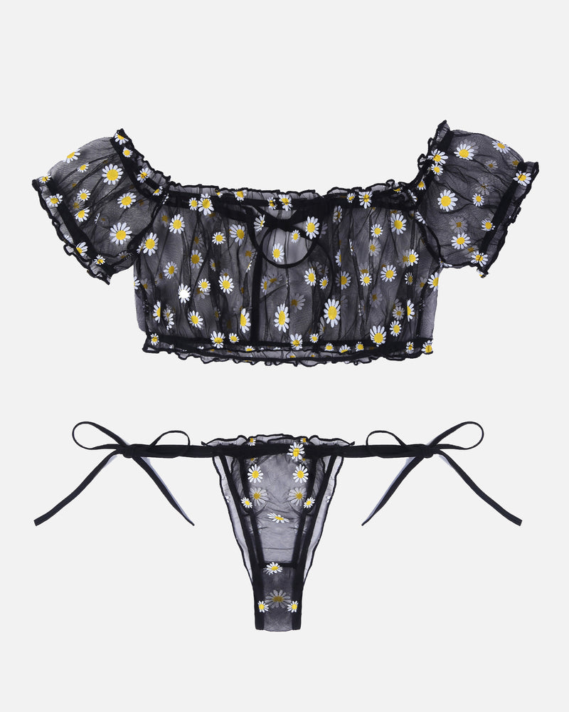 Daisy print black mesh lingerie set: crop top and thong, a sexy and confident lingerie choice.