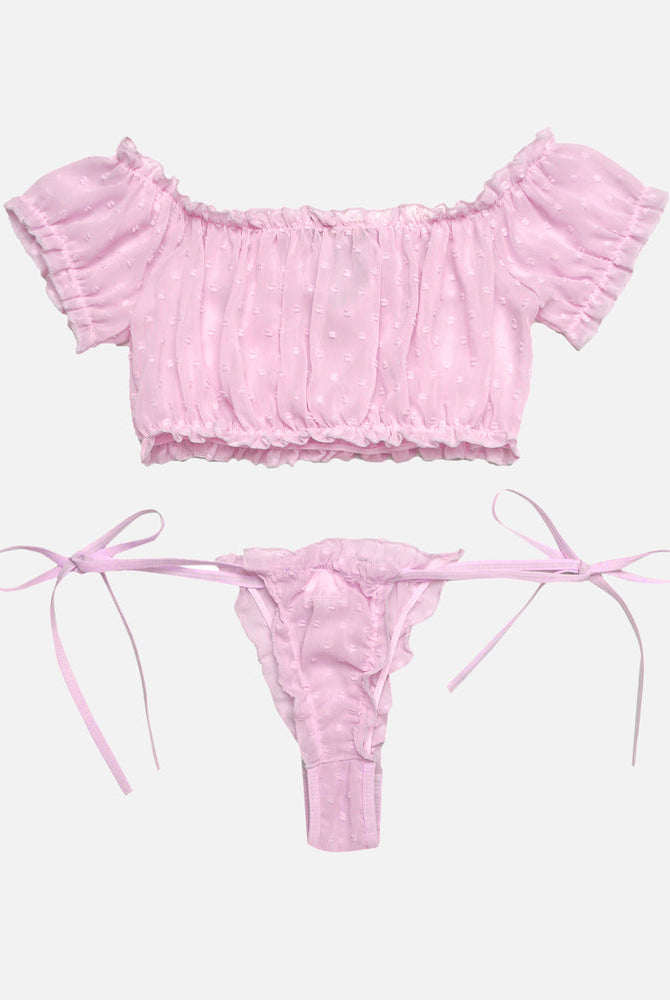 Pink Avidlove mesh ruffle lingerie set, off-shoulder and tie-side. Dotted mesh lingerie.