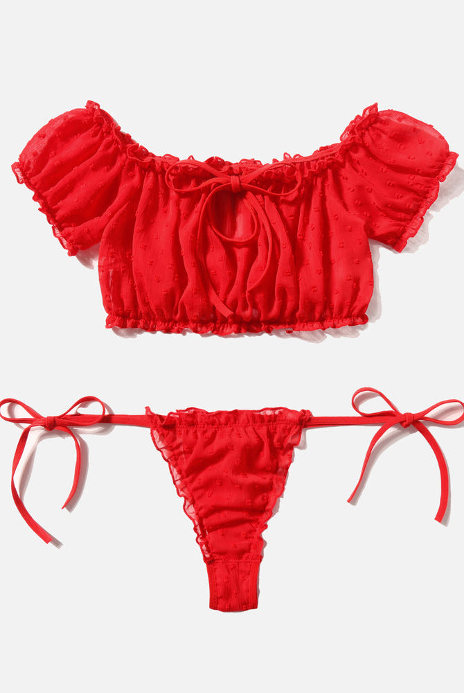 Red off-shoulder lingerie set with tie-side panty, a sexy and comfortable design by Avidlove.