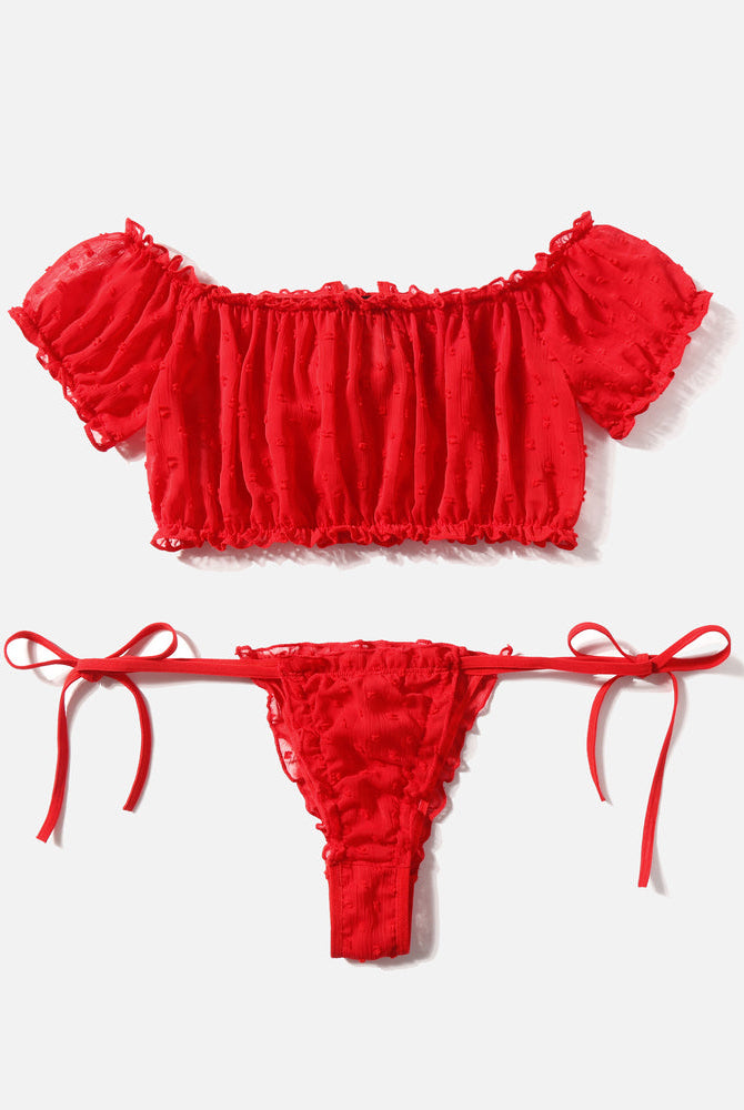 Avidlove red mesh ruffle lingerie set. Off-shoulder design and tie sides. Sensual lingerie