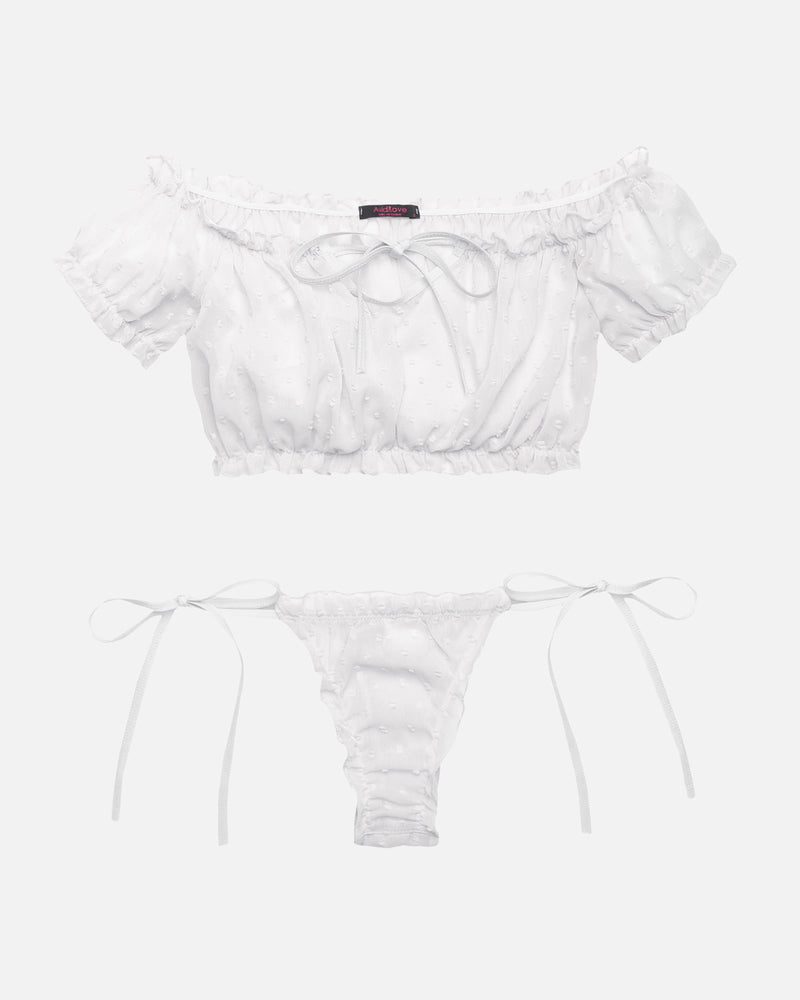 White Avidlove lingerie set with off-shoulder top, tie-side panty. Lightweight, sexy design.