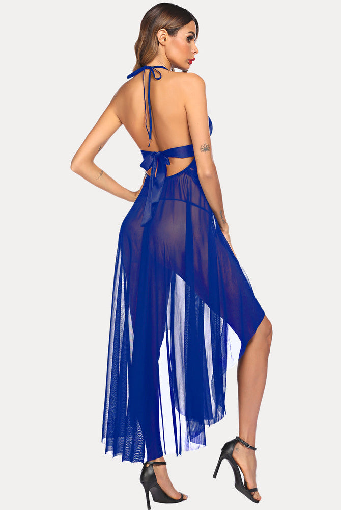 Blue halter lingerie dress with split-leg and tie-back details, perfect for bridal lingerie