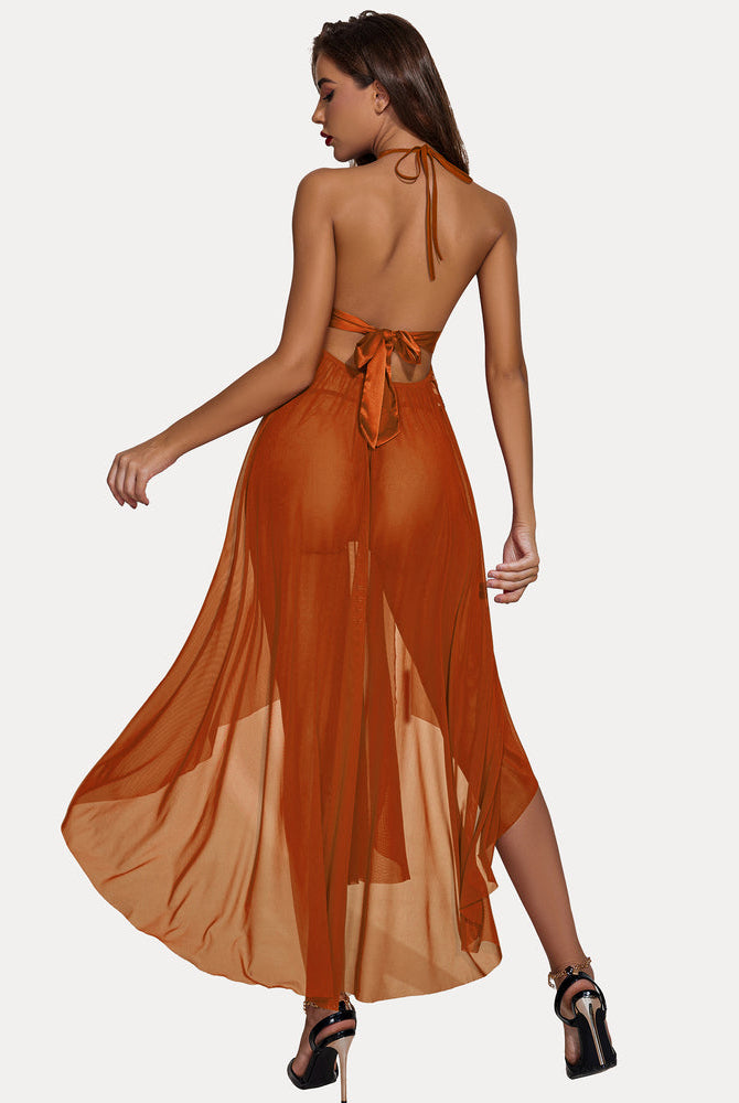 Orange halter lingerie dress with sheer split-leg skirt, designed for confidence and allure