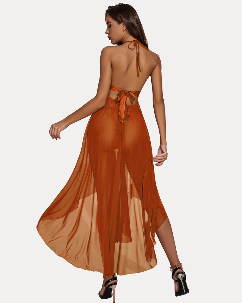Burnt orange halter neck lingerie dress with flowing skirt and high slits.