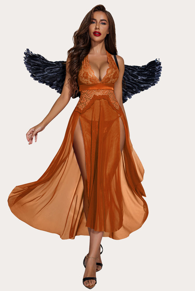 Burnt orange lingerie dress with halter neck, high slits, and lace details, with angel wings.