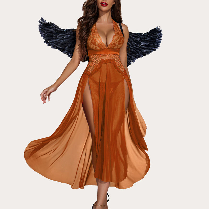 Burnt orange lingerie dress with halter neck, high slits, and lace details, with angel wings.