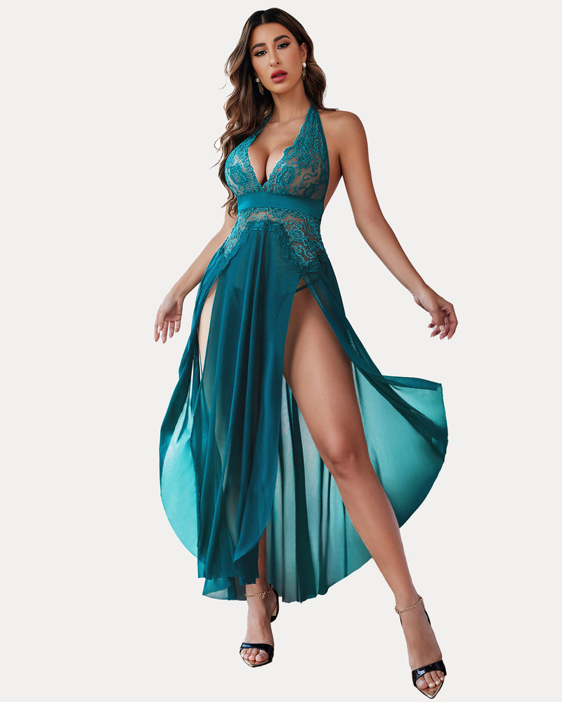 Teal halter lingerie dress with floral lace, high slits, and flowing skirt, bridal lingerie.
