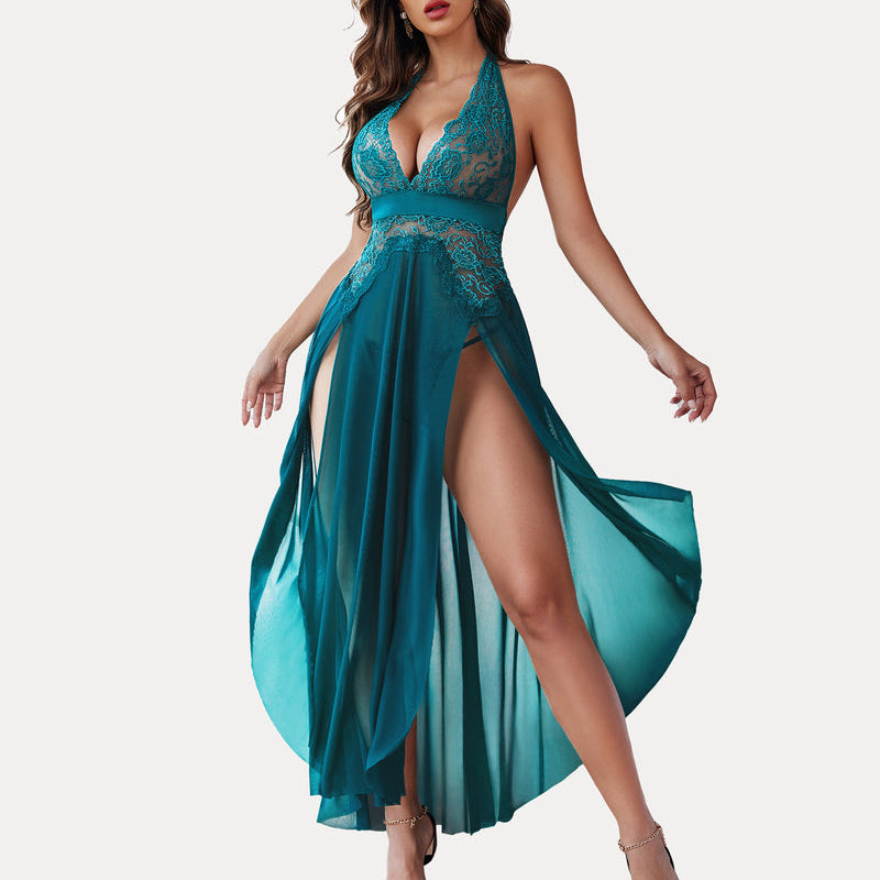Teal deep V lace mesh dress, halter neck, floral details, high slits. Sexy, bold lingerie.