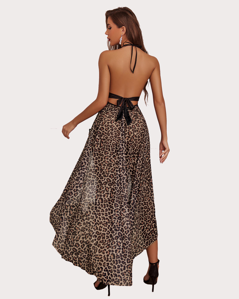 Leopard print nightwear: Halter neck, open back, and flowing asymmetrical skirt in leopard print