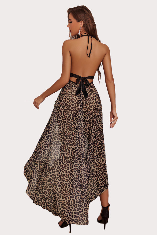 Leopard print mesh dress with halter neck and high slits. Sexy lingerie.