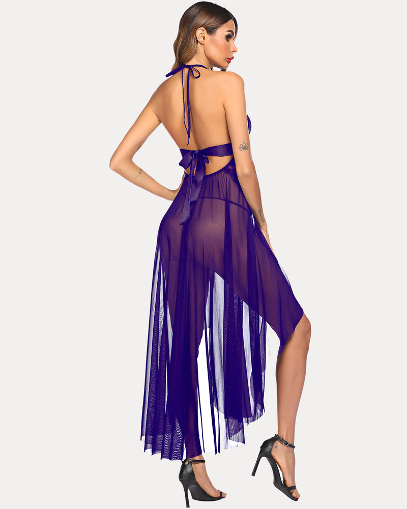 Purple halter lingerie dress with sheer split-leg skirt, perfect for bridal lingerie from Avidlove