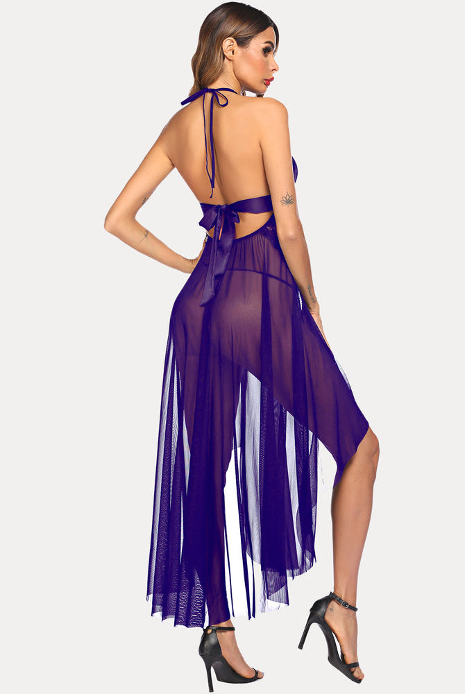 Purple halter neck nightwear with high slits, flowing skirt. Confident and sexy lingerie