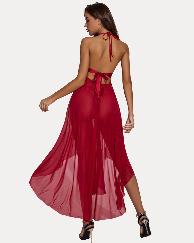 Red halter neck lingerie dress with flowing sheer skirt and split-leg design, bridal lingerie