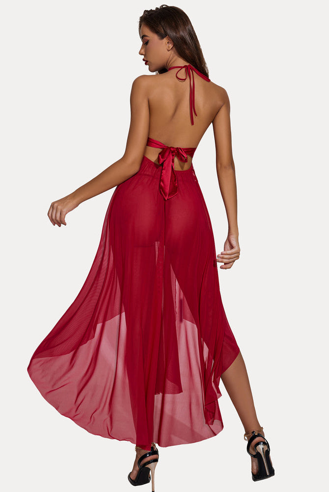 Red mesh lingerie dress with halter neck and high slits. Sexy lingerie.