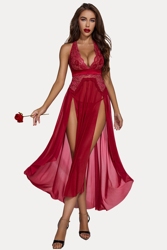 Red halter lingerie dress with floral lace and split-leg design, perfect bridal lingerie