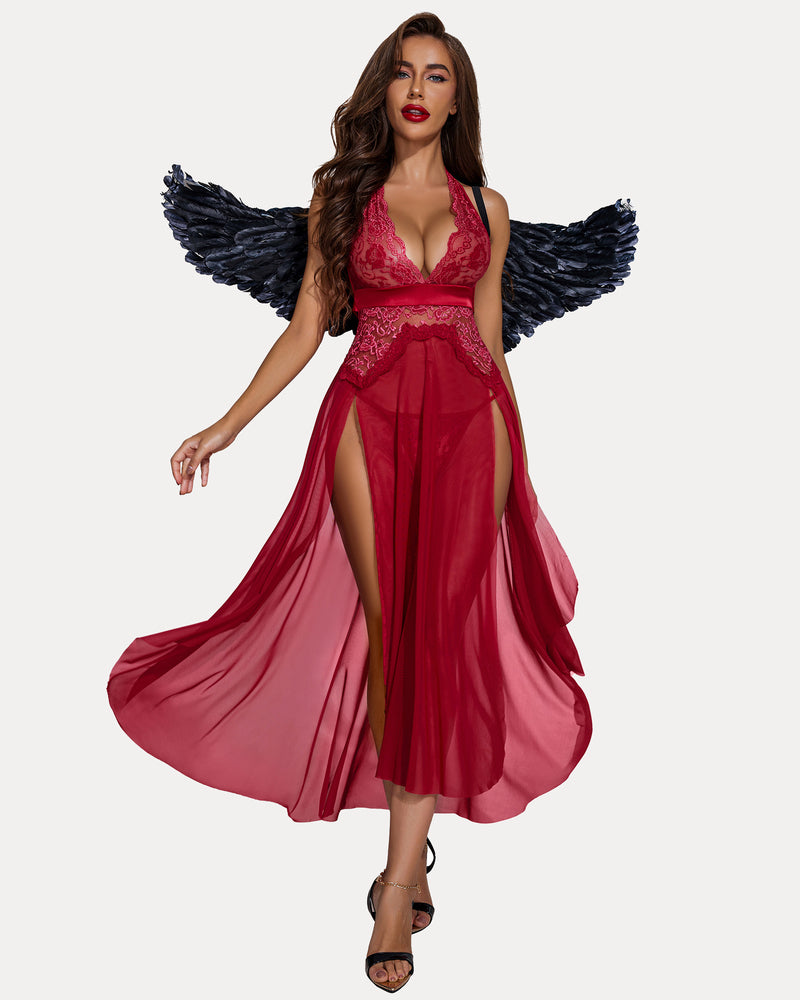 Red halter lingerie dress with angel wings, lace details and split-leg design.