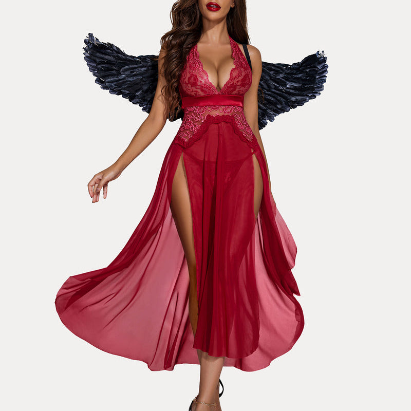 Red Deep V-neck lace mesh dress with angel wings and high slits. Sexy lingerie for women.