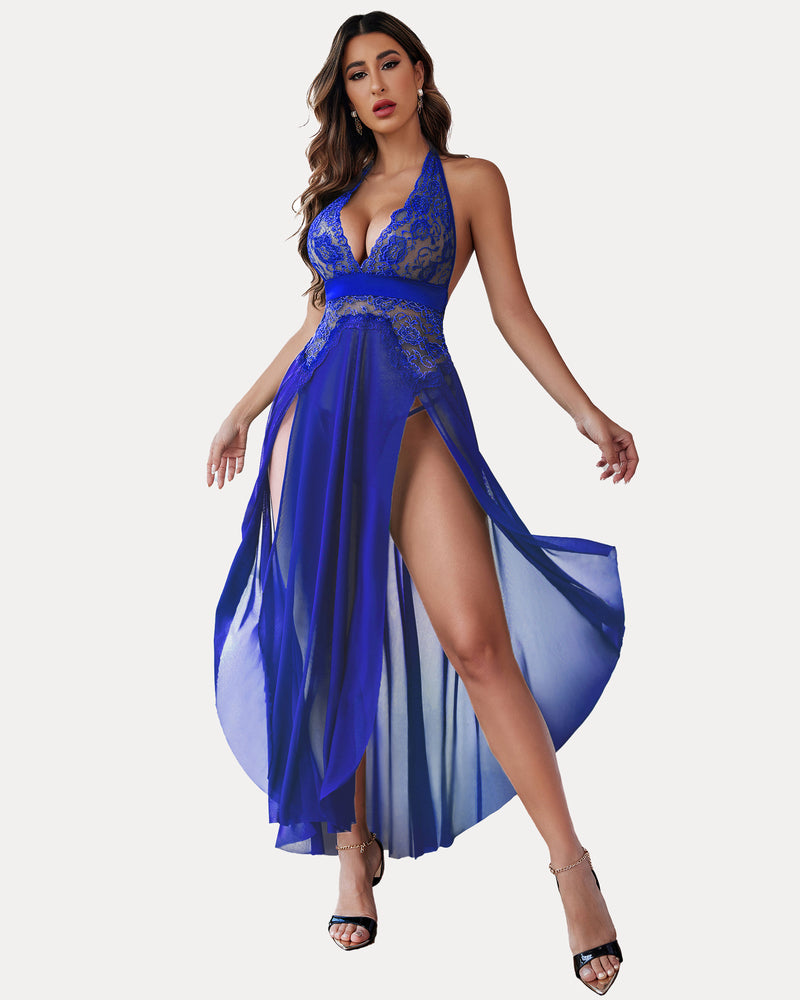 Blue lace halter lingerie dress, elegant design with floral lace and split-leg detail.