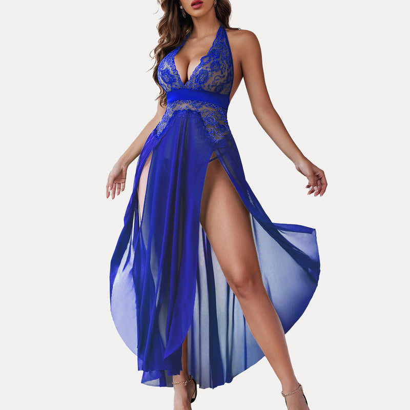 Blue lace halter nightdress with high slits. Sexy and confident lingerie with floral lace details.
