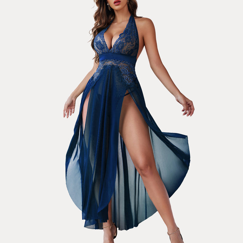 Navy blue halter lingerie dress with lace details and split-leg design, perfect for bridal lingerie.