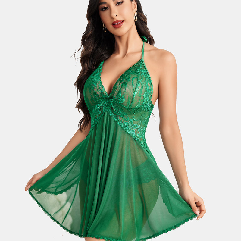 Avidlove green lace halter V-neck babydoll nightdress, floral lace, asymmetrical hem, sexy lingerie