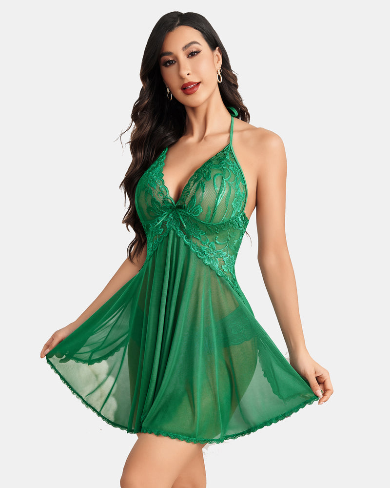 Avidlove green lace halter V-neck babydoll nightdress, floral lace, asymmetrical hem, sexy lingerie