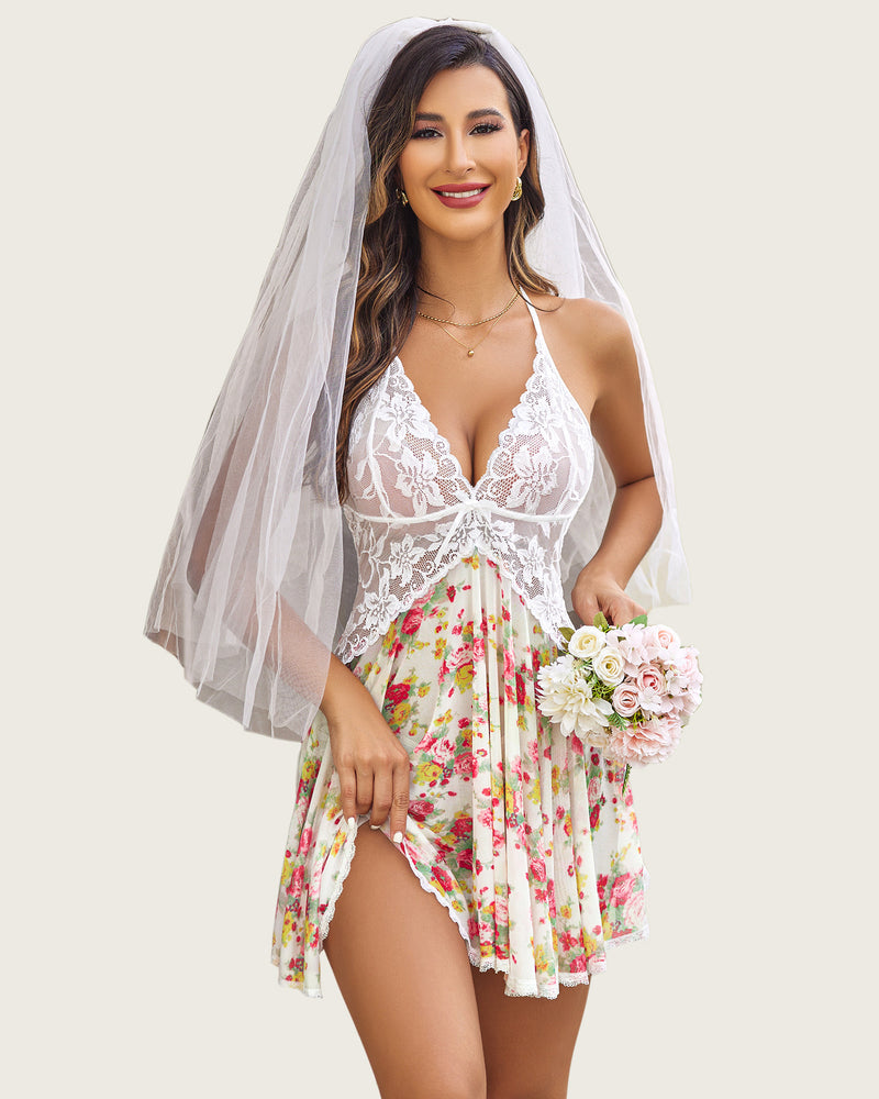 White floral lace bridal lingerie, halter V neck babydoll with veil and bouquet. Sexy.