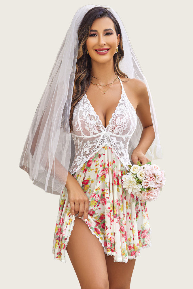 White lace halter babydoll dress with floral print, veil, and bouquet. Sexy bridal lingerie.