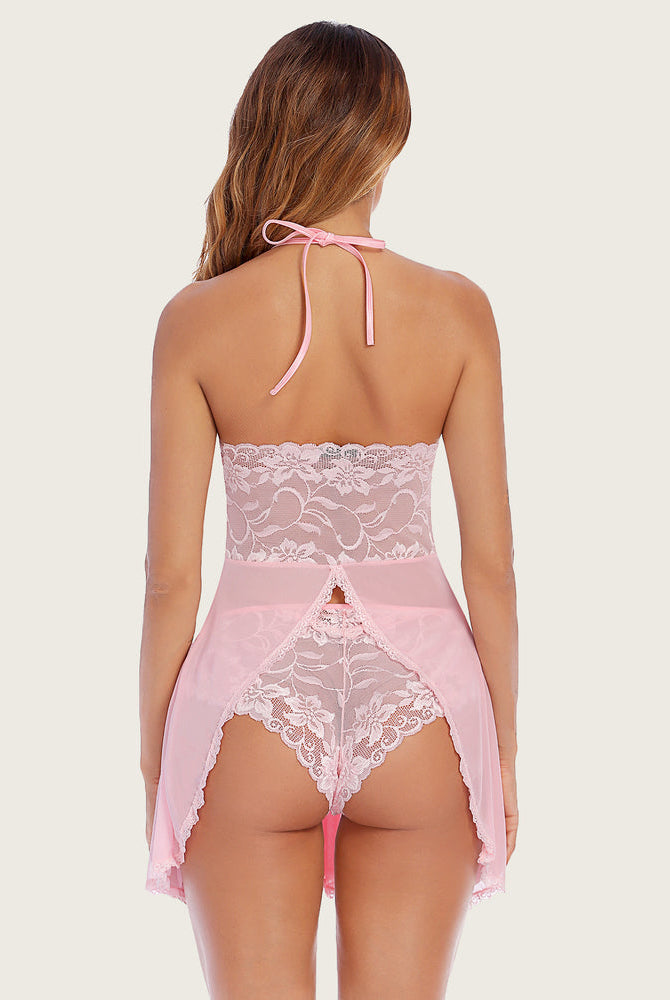 Pink lace babydoll dress, halter neck with floral lace detail. Avidlove sexy lingerie for women.