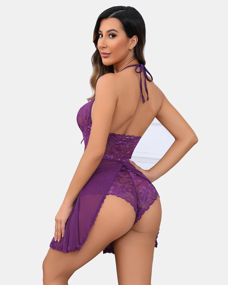 Purple floral lace halter V neck babydoll lingerie set for women, flattering and confident