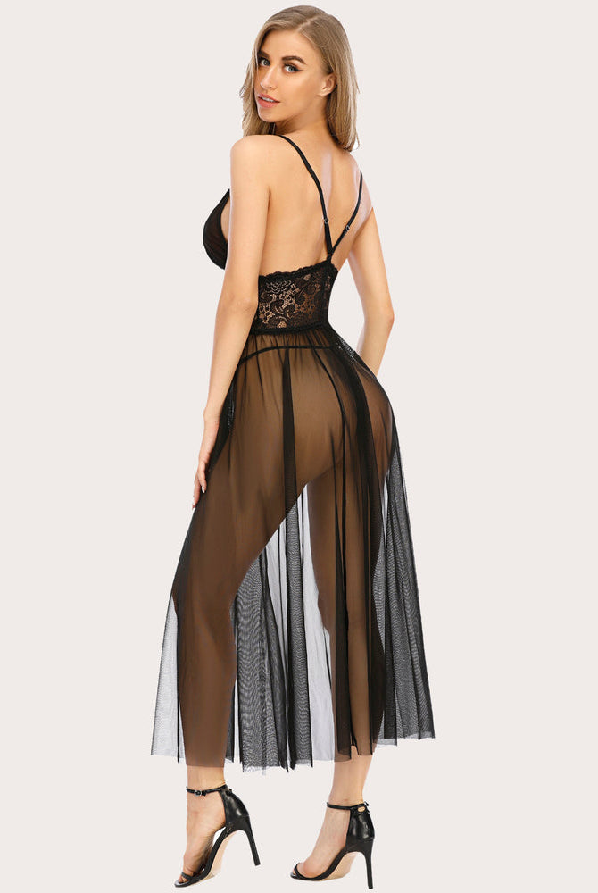 Avidlove black lace V-neck maxi nightdress with sheer mesh, sexy lingerie