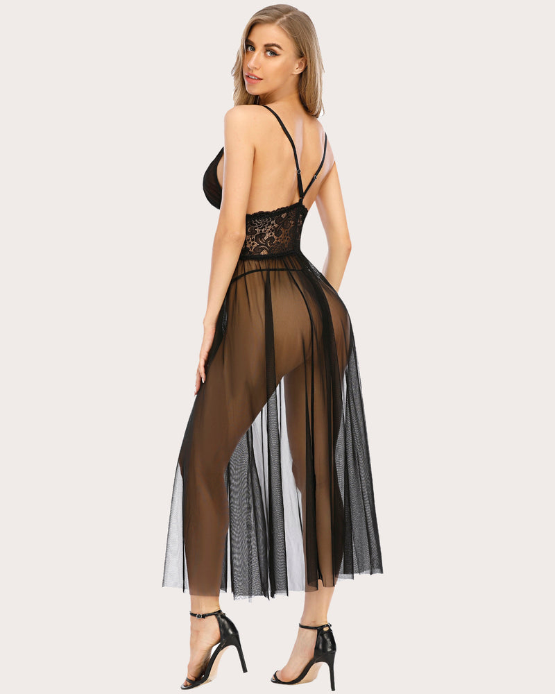 Avidlove black lace V-neck maxi nightdress with sheer mesh, sexy lingerie