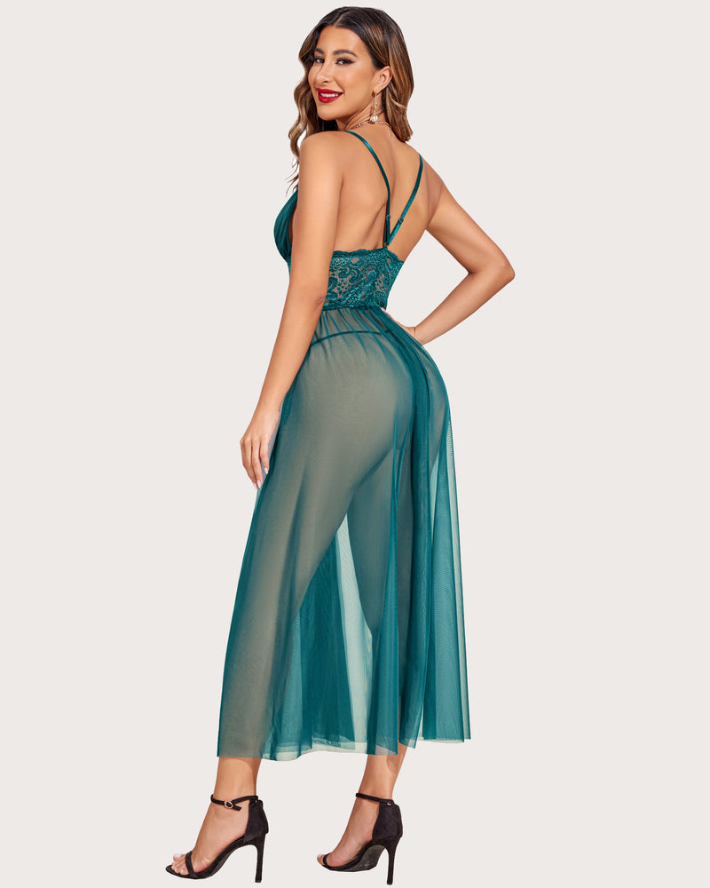 Teal Lace V Neck Maxi Nightdress with Slit Front, mesh sheer lingerie