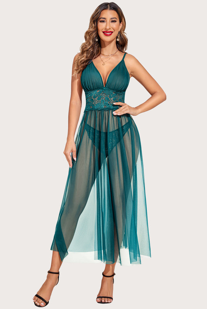 Teal lace V neck maxi nightdress with sheer mesh skirt, lingerie