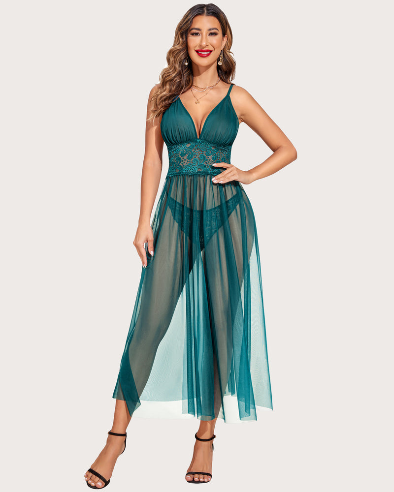 Teal lace V neck maxi nightdress with sheer mesh skirt, lingerie