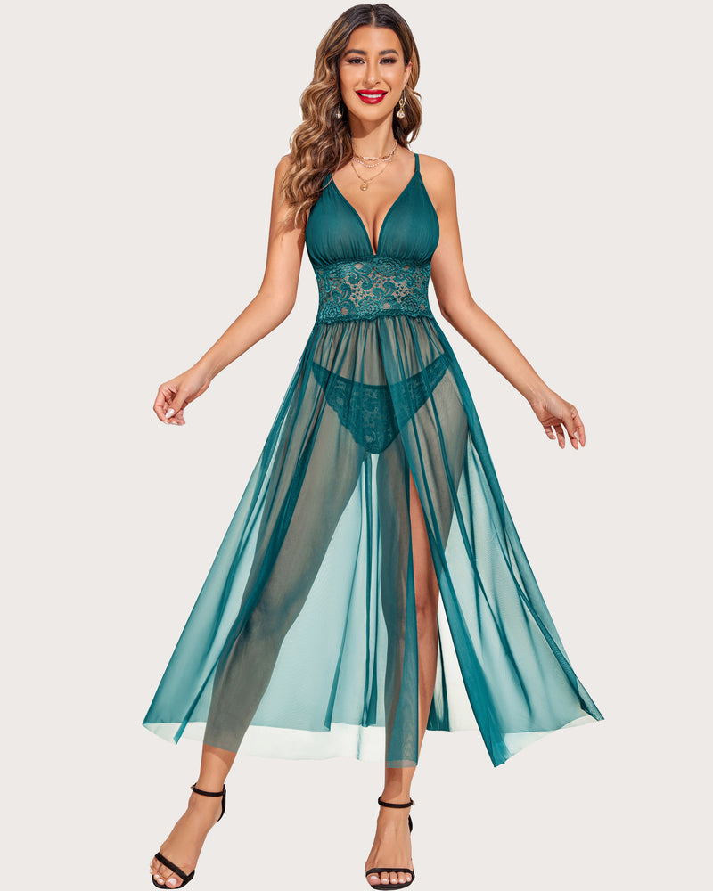 Teal Lace V Neck Maxi Nightdress, Mesh Sheer Lingerie with Spaghetti Straps and Slit Front