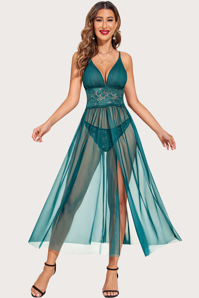 Teal lace babydoll maxi lingerie with V-neck, spaghetti straps, mesh skirt. Avidlove.