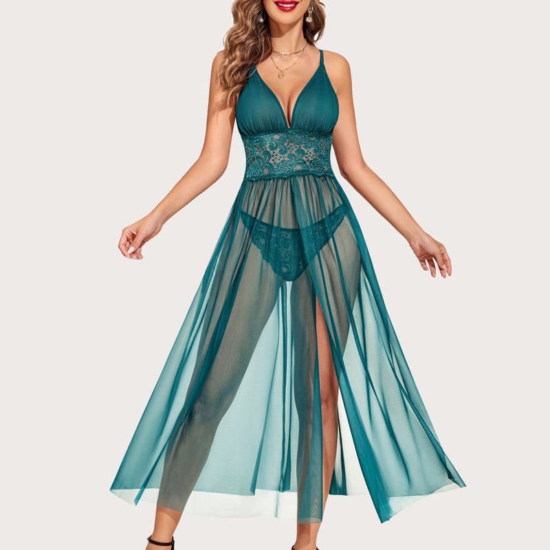 Teal lace babydoll maxi lingerie with V-neck, spaghetti straps, mesh skirt. Avidlove.