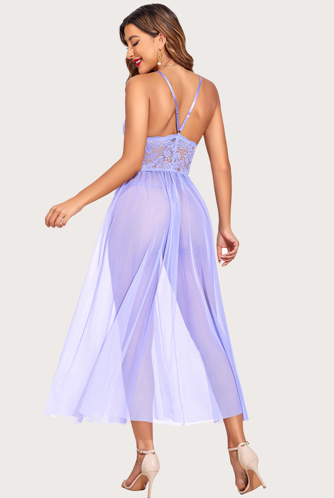 Avidlove light purple lace maxi nightdress with sheer mesh skirt and V-neck, bridal lingerie