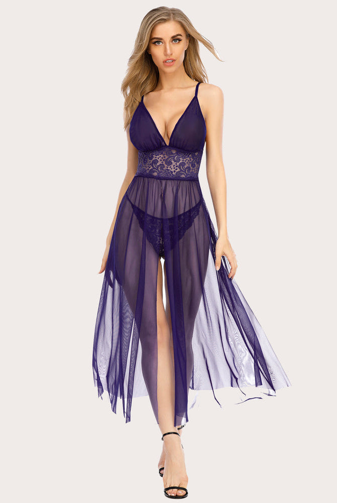 Purple Avidlove V-neck maxi nightdress with lace, mesh, and slit front. Perfect for romantic nights.