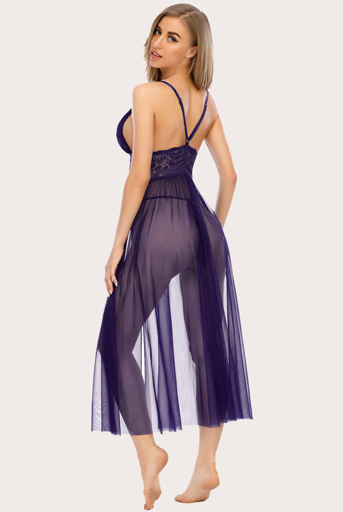Navy blue Avidlove V-neck maxi nightdress with lace bodice and sheer mesh skirt