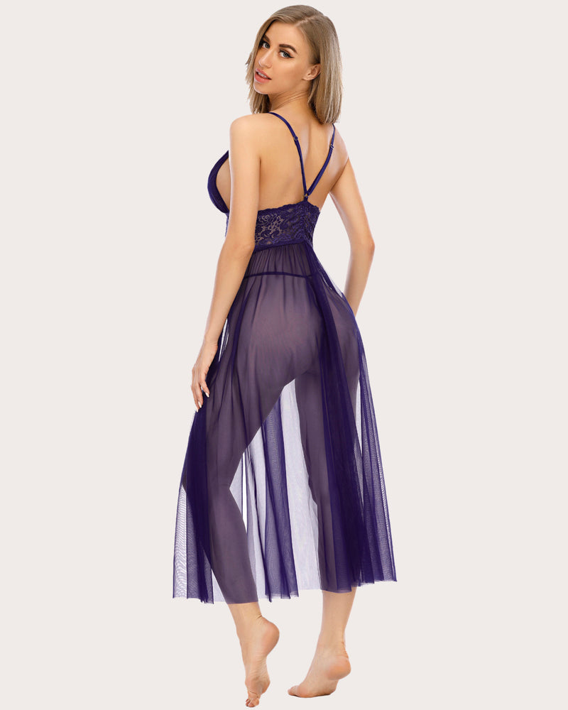 Navy blue Avidlove V-neck maxi nightdress with lace bodice and sheer mesh skirt