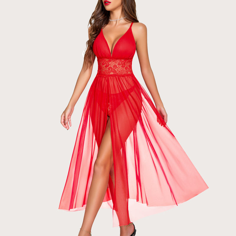 Red lace V-neck maxi nightdress with mesh skirt and front slit, Avidlove lingerie