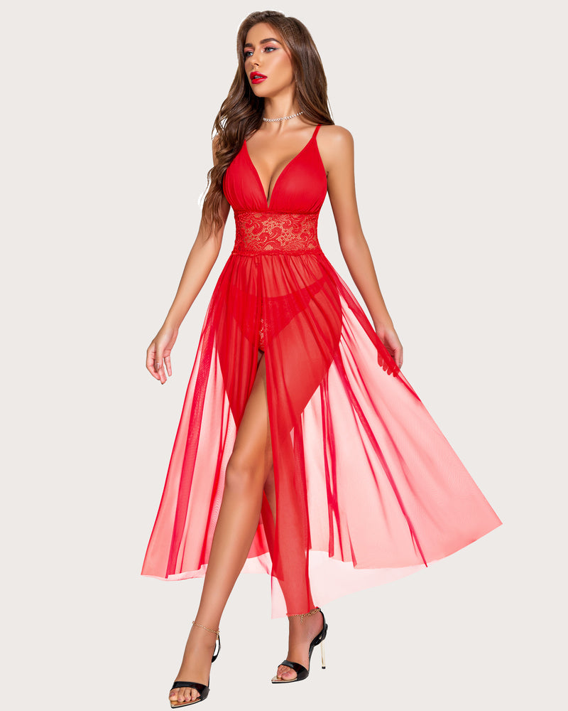 Red lace V-neck maxi nightdress with mesh skirt and front slit, Avidlove lingerie