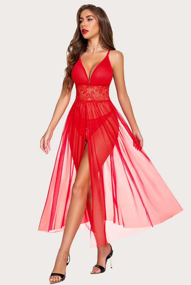 Avidlove Red Lace Babydoll Maxi Nightwear with V-neck, spaghetti straps, mesh skirt, and high slit