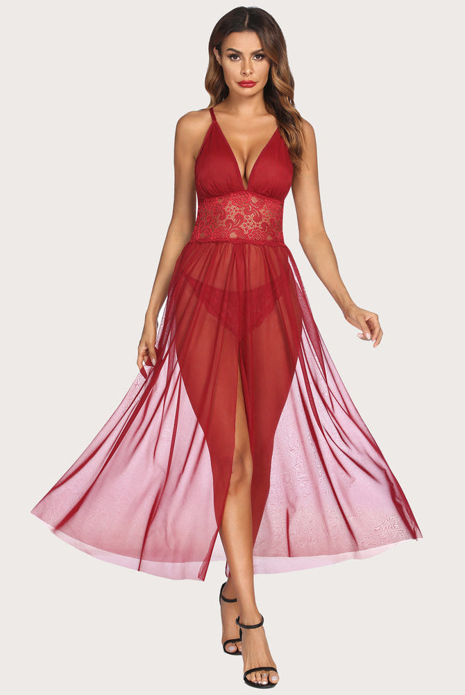 Burgundy lace maxi nightdress with mesh skirt and front slit. Avidlove lingerie for romantic nights.